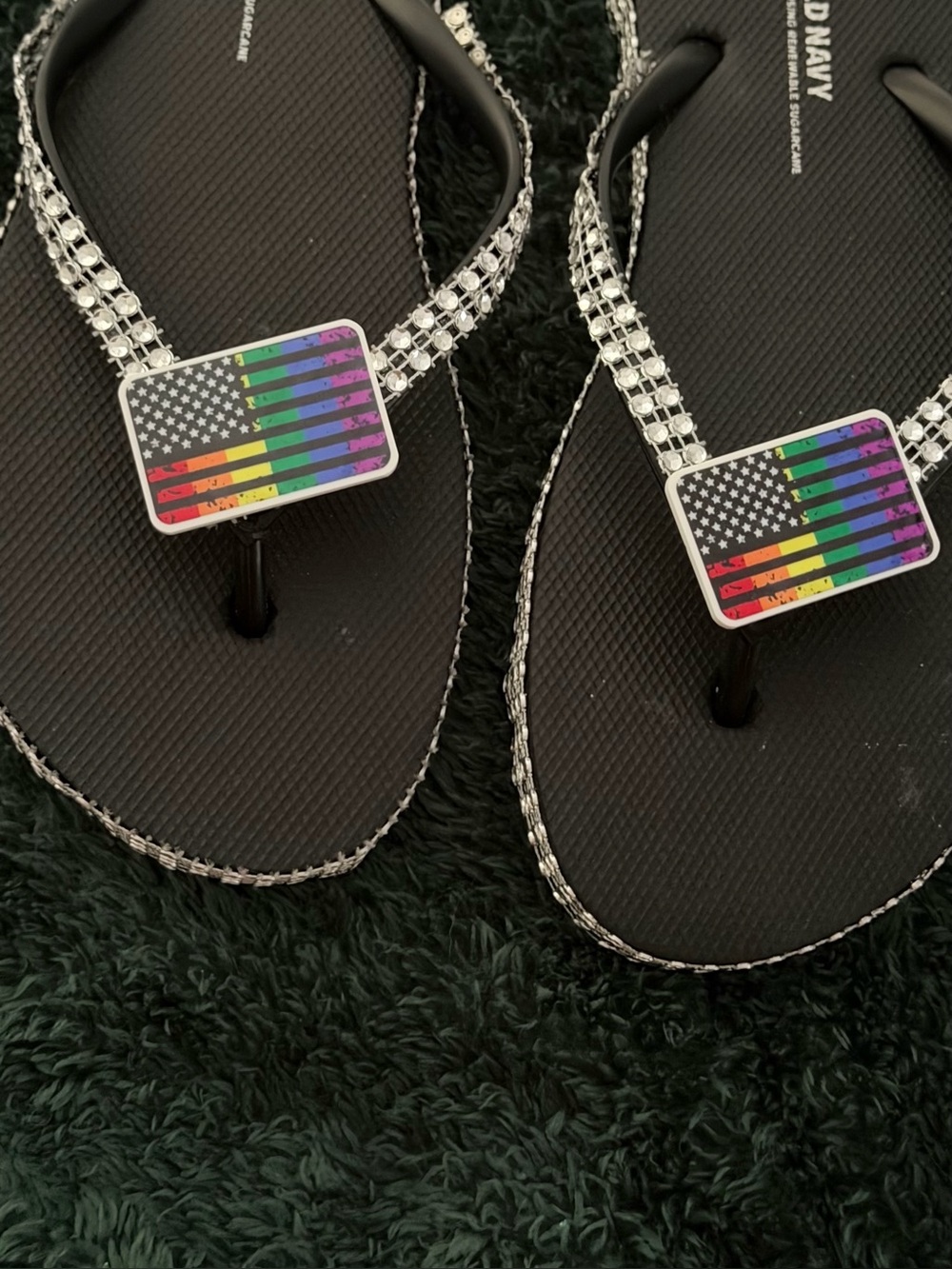 Women's Black Rhinestone Strap Sandals with Rainbow Flag Accent